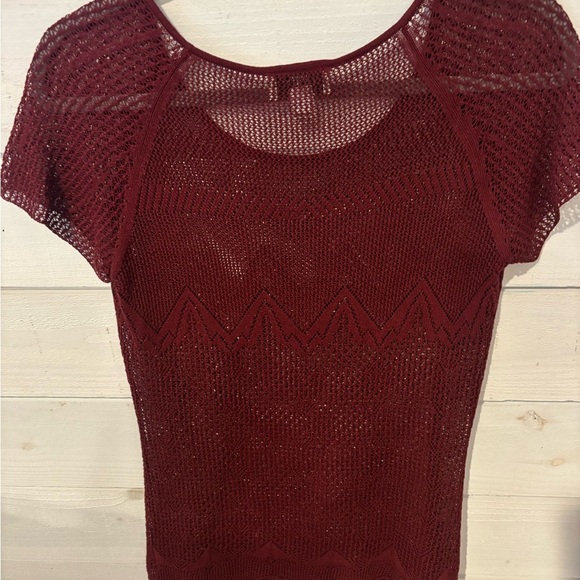 LOFT Burgundy Crochet Knit Short Sleeve Top - Picture 5 of 13